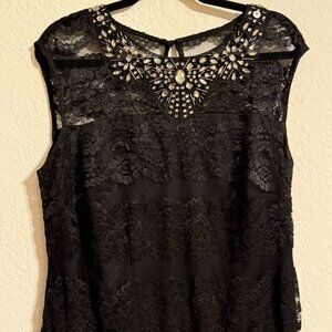 Black Sleeveless Lace Dress With Rhinestone Embellished Neckline